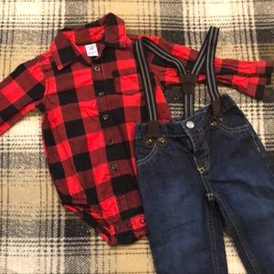 *Sold* 18 Month Red & Black Plaid Suspender Outfit